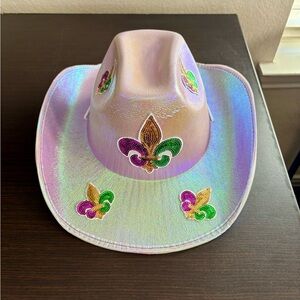 Mardi Gras, Sequined Iridescent space cowgirl hat with fleur-de-lis decoration